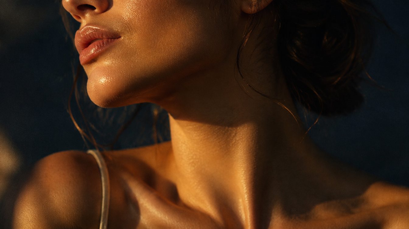 Luminous, healthy skin with warm golden lighting